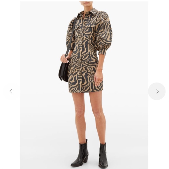 Ganni Puff-Sleeve Tiger-Print Cotton Shirtdress Shift Dress Button Down Collared - Picture 4 of 9